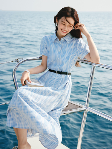 Xiwang World Subtle Human High-Grade Striped Shirt Dress for Women Summer Short Sleeve Commute Elegant French Belted Long Dress