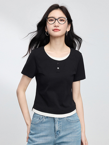 Xi World Dopamine Outfit Fake Two-piece Color Matching Round Neck Right Shoulder Short Sleeve T-Shirt Top Women 2026 Summer New Style