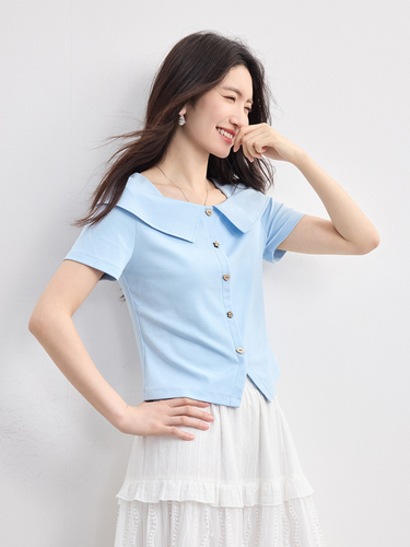 Xi world gold style design square collar T-shirt women's summer short-sleeved fashionable unique and beautiful slim-fitting short shirt