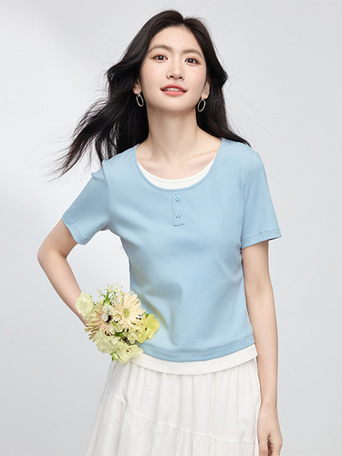 Xi World Dopamine Outfit Fake Two-piece Color Matching Round Neck Right Shoulder Short Sleeve T-Shirt Top Women 2026 Summer New Style