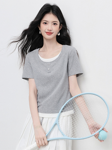 Xi World Dopamine Outfit Fake Two-piece Color Matching Round Neck Right Shoulder Short Sleeve T-Shirt Top Women 2026 Summer New Style