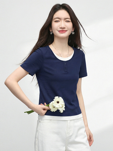 Xi World Dopamine Outfit Fake Two-piece Color Matching Round Neck Right Shoulder Short Sleeve T-Shirt Top Women 2026 Summer New Style