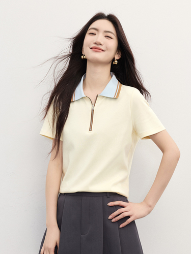 Xishijie Contrast Color Half-Zip POLO Shirt Women's Short-Sleeved Summer Versatile Casual Sports Style Lapel T-Shirt Cotton Top