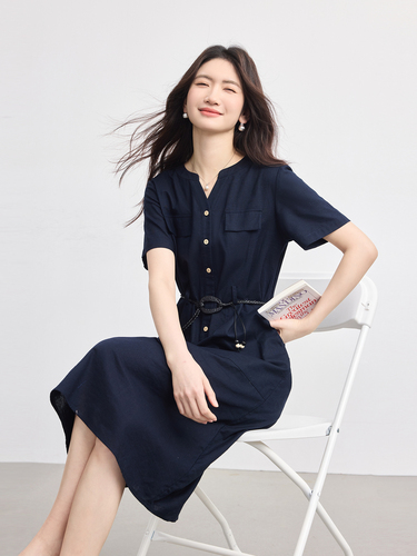 Xi world old money style college blue linen dress women summer high-end commuting belt short-sleeved shirt dress
