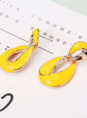 复古奢华耳饰几何个性925银针大耳钉夸张耳环无耳洞耳夹滴油黄色