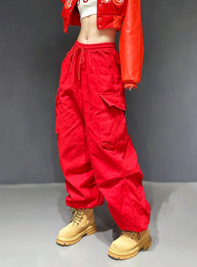 美式工装裤女速干爵士跳舞jazz裤子宽松hiphop街舞潮牌运动裤红色