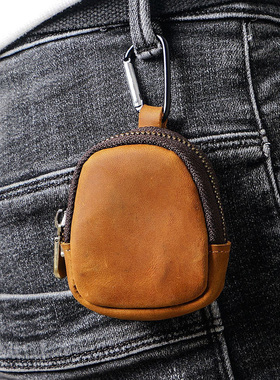 带挂钩零钱包疯马皮手工制作可放零钱收纳钥匙挂腰带方便携带潮包