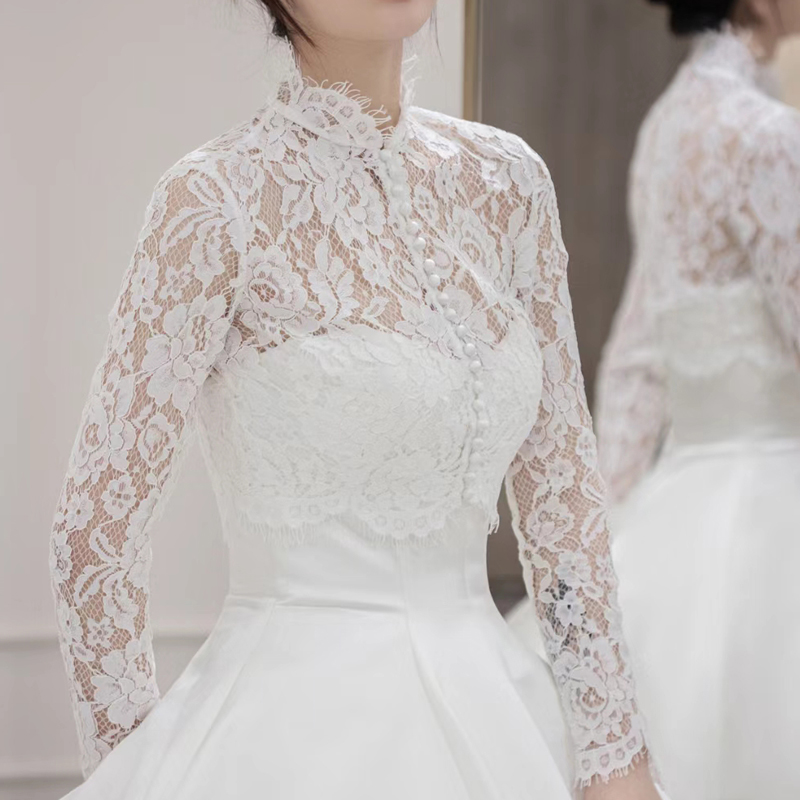婚礼主纱披肩时尚新娘高领蕾丝紧身礼服披肩长袖领证上衣小外套
