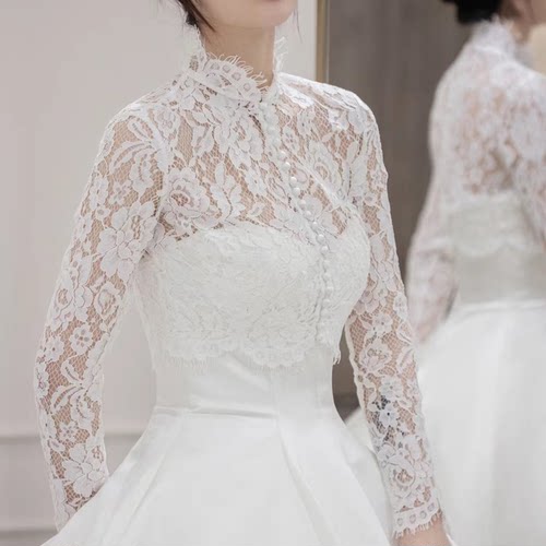 婚礼主纱披肩时尚新娘高领蕾丝紧身礼服披肩长袖领证上衣小外套