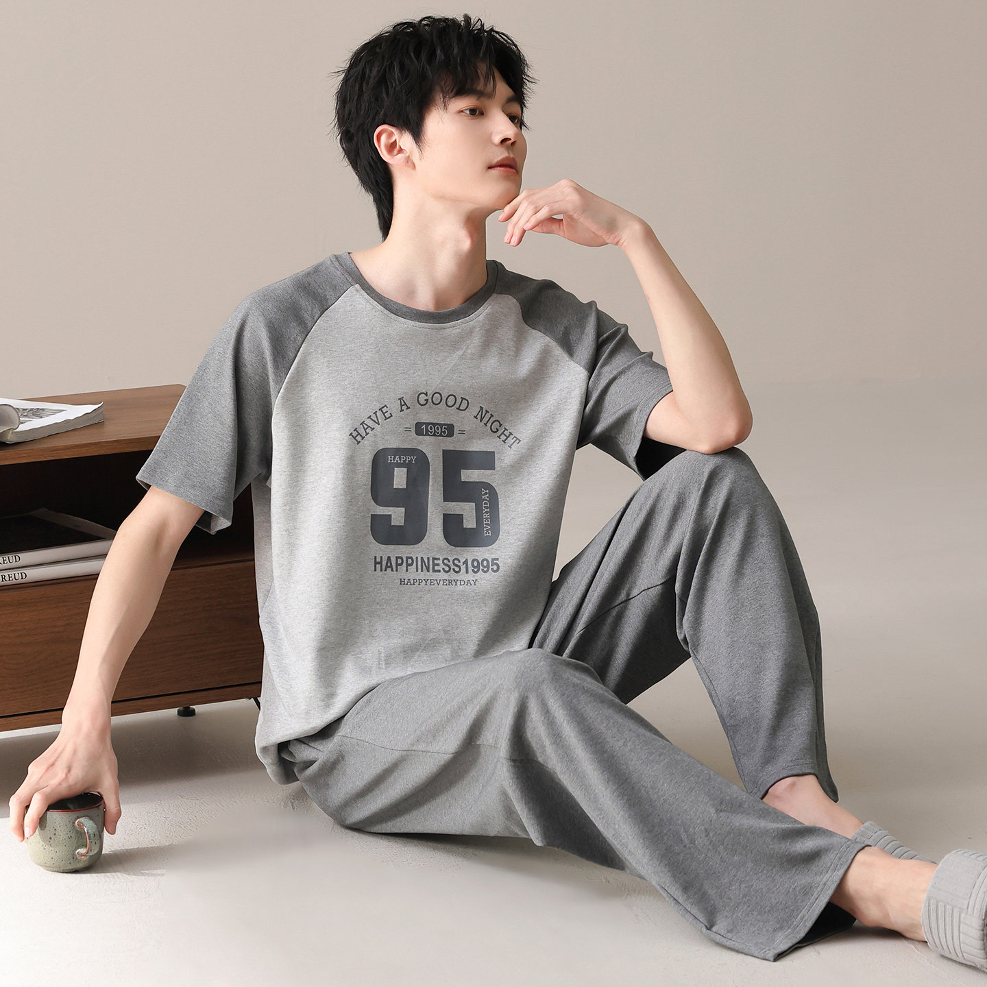 睡衣男夏季短袖长裤100%纯棉男生春夏款秋季可外穿运动家居服套装