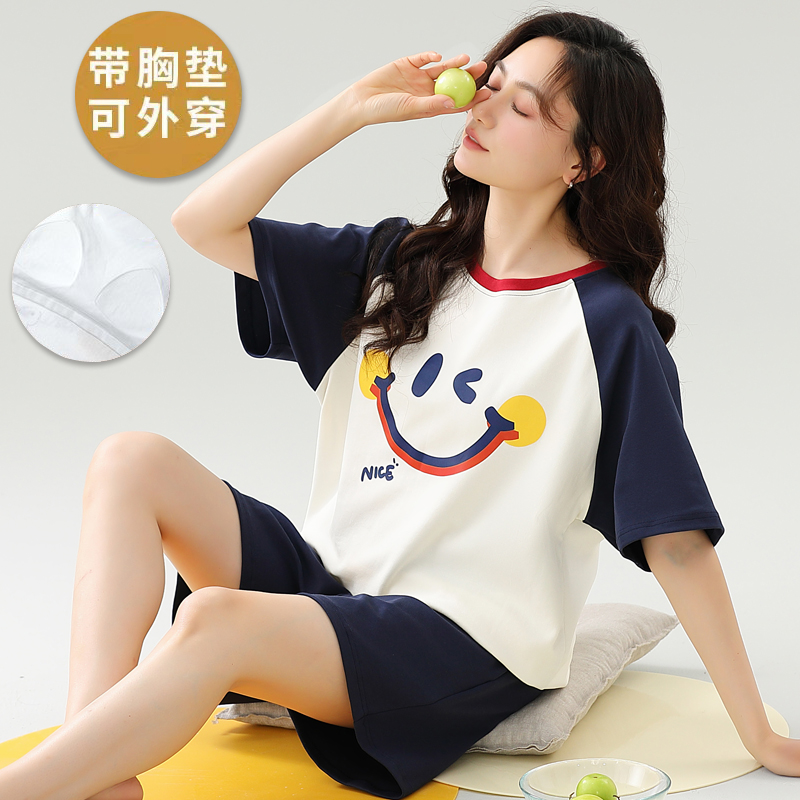 100％纯棉带胸垫短袖女夏季睡衣