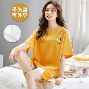 可外穿防凸点圆领家居服套装 带胸垫一体睡衣女款 薄款 夏季 纯棉短袖