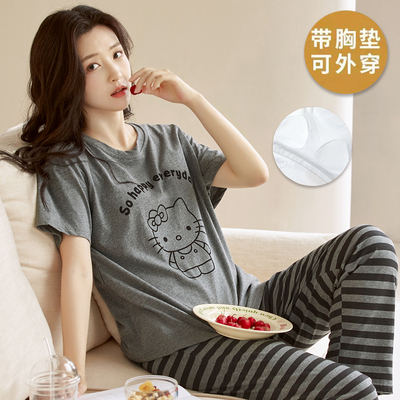 100％纯棉带胸垫女短袖长裤睡衣