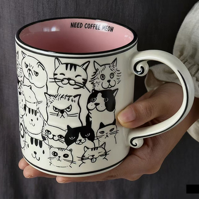 粉色猫咪650ml大容量陶瓷马克杯耐热杯子早餐牛奶茶水杯咖啡杯子