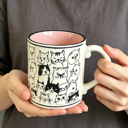 粉色猫咪650ml大容量陶瓷马克杯耐热杯子早餐牛奶茶水杯咖啡杯子
