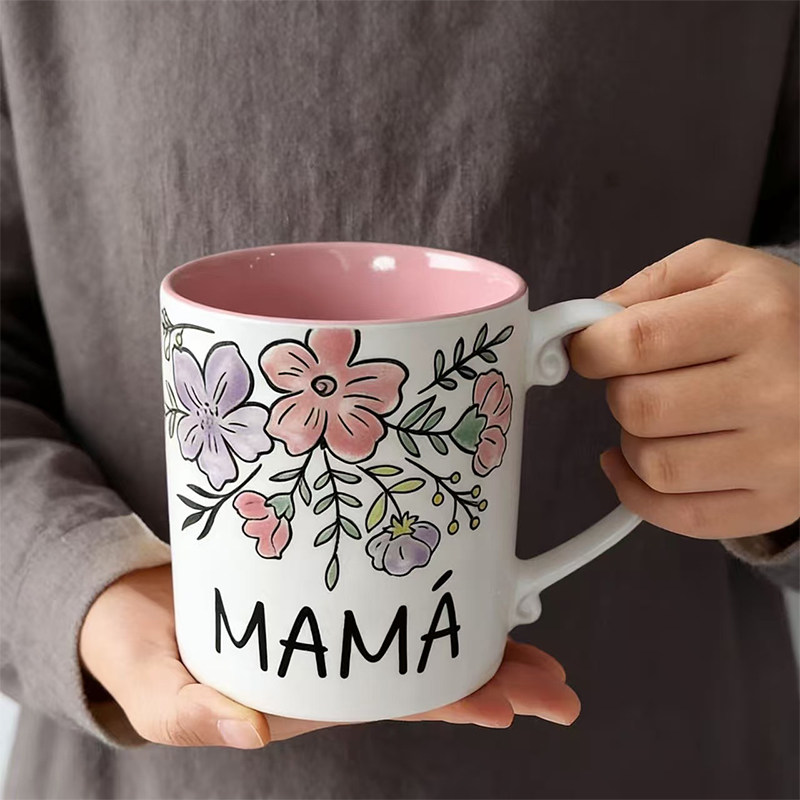卡通风花卉陶瓷马克杯粉色650ml母亲节礼物水杯釉下彩牛奶杯子