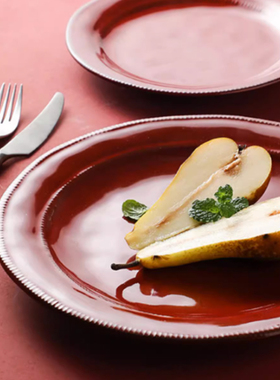 复古风红色平盘浅盘子陶瓷牛排盘西餐盘家用大号盘子菜盘餐盘微瑕