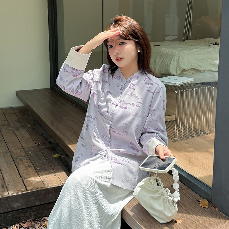 小波家2025秋季胖mm新中式国风提花外套气质高级感上衣