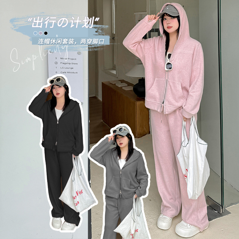 小波家2025秋季胖mm休闲运动新款连帽卫衣阔腿裤两件套