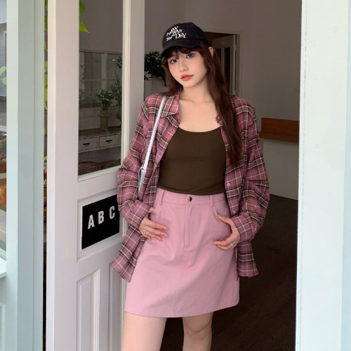 小波家2026夏季胖mm宽松格子长袖衬衣大码吊带背心搭半身裙