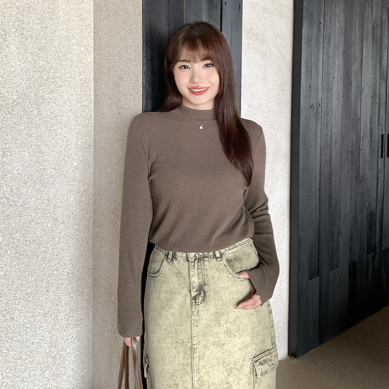 小波家2025秋季胖mm韩系宽松坑条半高领显瘦打底针织衫