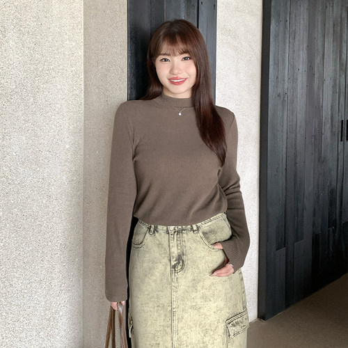 小波家2026春季胖mm韩系宽松坑条半高领显瘦打底针织衫