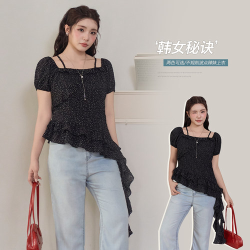 小波家2026夏季胖m韩系泡泡袖方领波点吊带短袖遮肉上衣