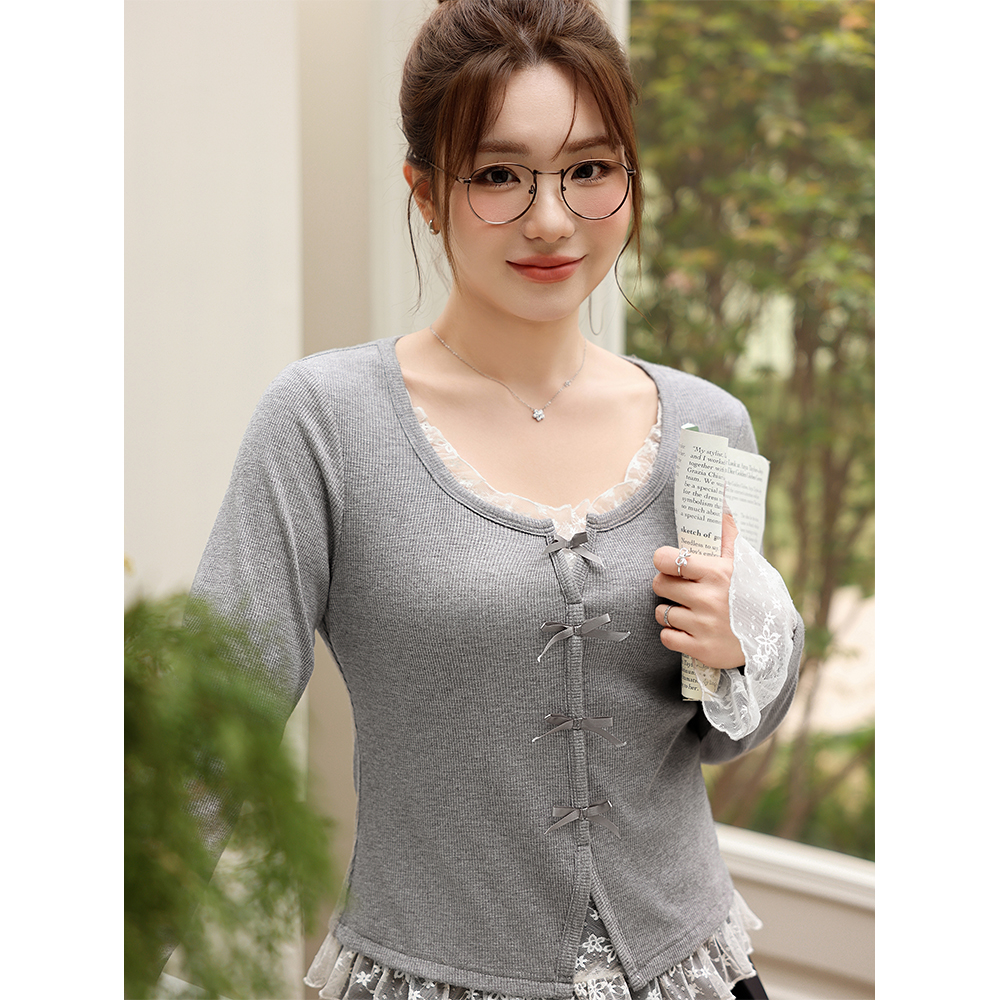 小波家2025秋季胖mm韩版蕾丝拼接细闪针织衫打底上衣