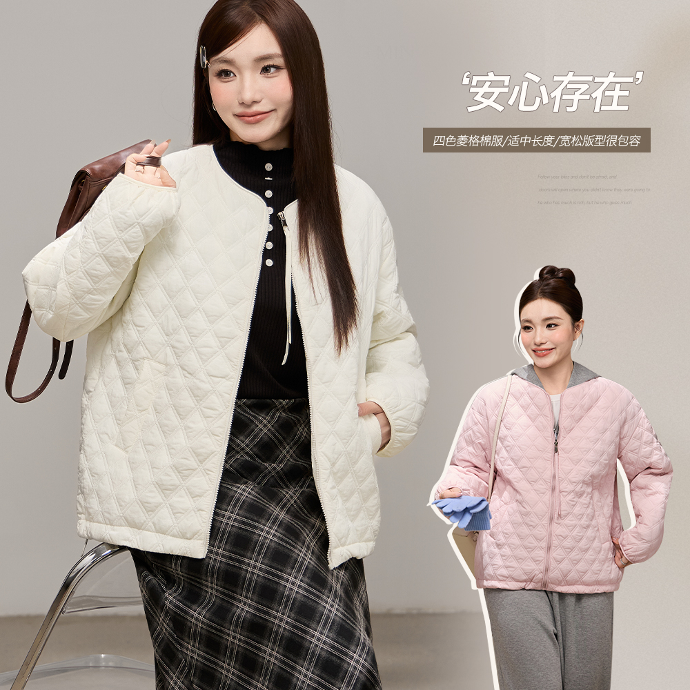 小波家2025冬季胖mm韩系圆领简约菱格多色棉服外套