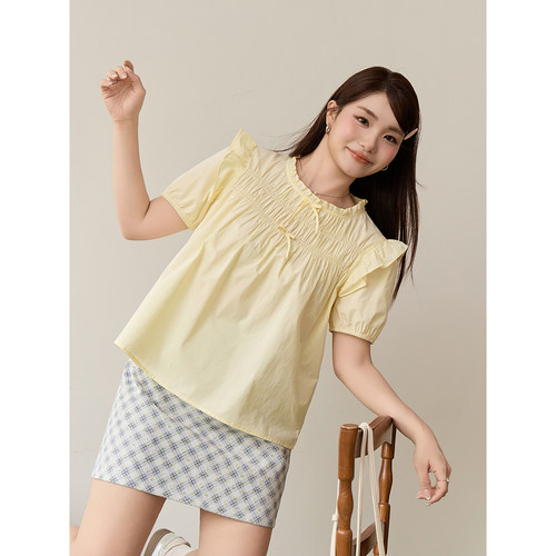 小波家2026夏季胖mm韩系重工小飞袖花边拼接短袖衬衣