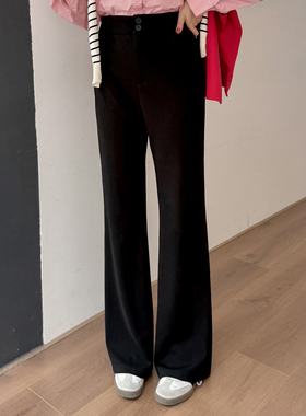 小波家2025秋季胖m黑色微喇弹力休闲裤高腰修身显瘦长裤