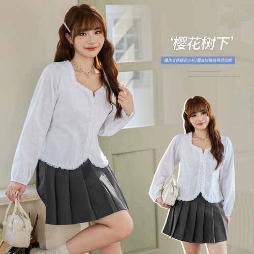 3.18日新品小波家2026春季胖mm韩系气质提花正肩蕾丝小衫上衣