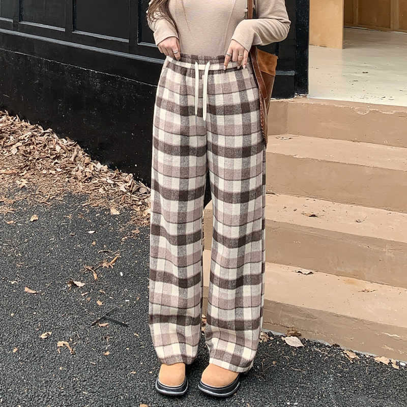 【清仓】小波家2025冬季胖mm高腰毛呢格纹加厚显瘦直筒休闲裤