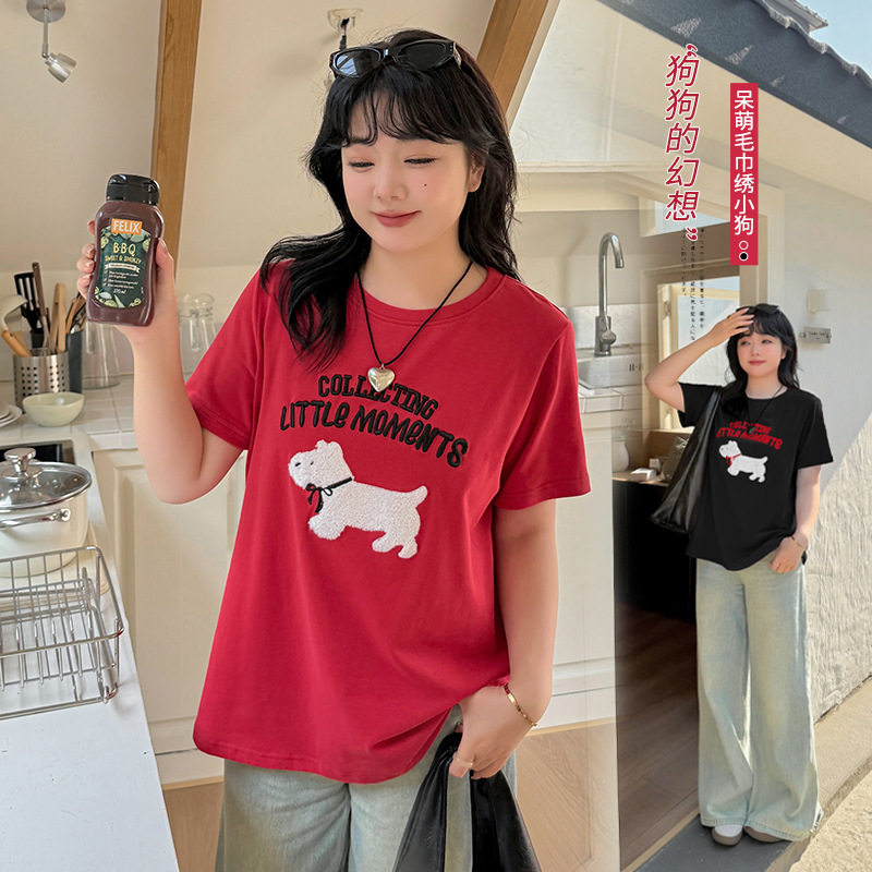 小波家2025秋季胖mm重工毛巾绣小狗字母T圆领宽松短袖,女装/女士精品,大码内搭,淘宝优惠券,粉丝福利购,淘宝优惠卷