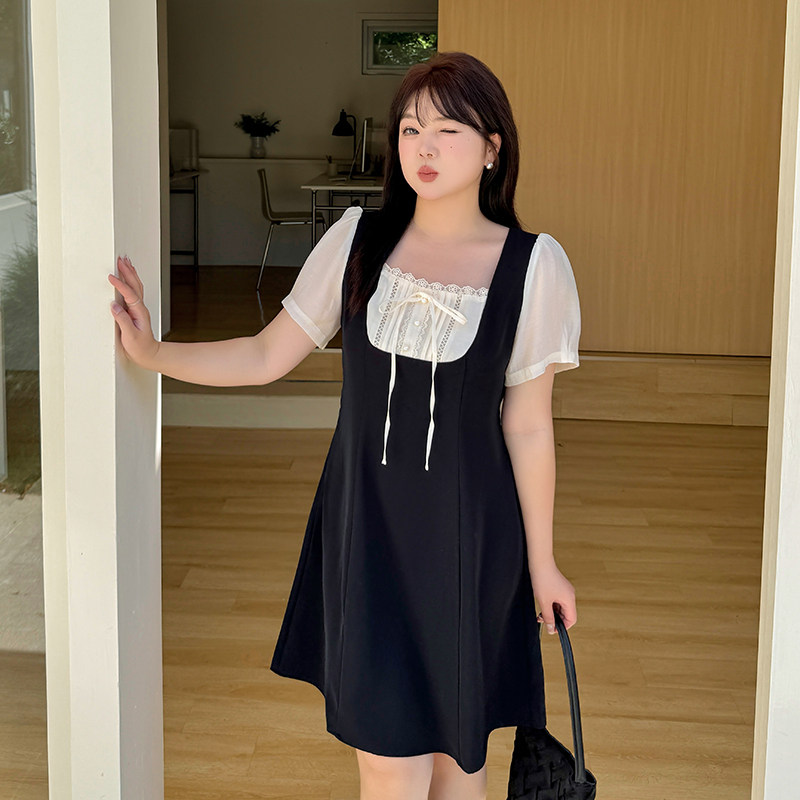 小波家2026夏季胖mm姐妹长短款小黑裙撞色显瘦连衣裙