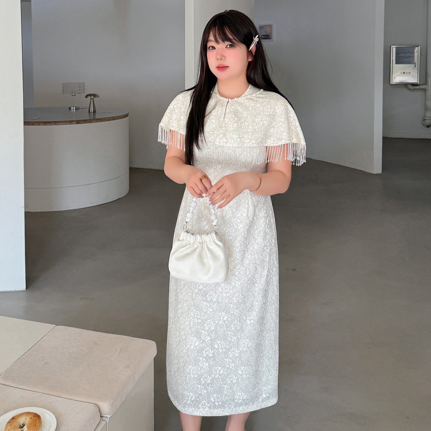 3.23日新品小波家2026夏季胖mm新中式串珠流苏可拆披肩旗袍连衣裙