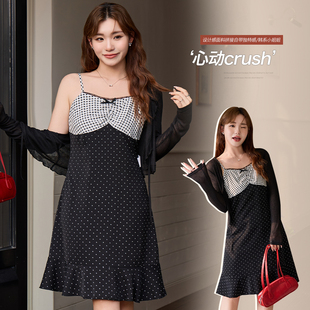 【清仓】小波家2026夏季胖mm撞色格子波点吊带裙小个子连衣裙