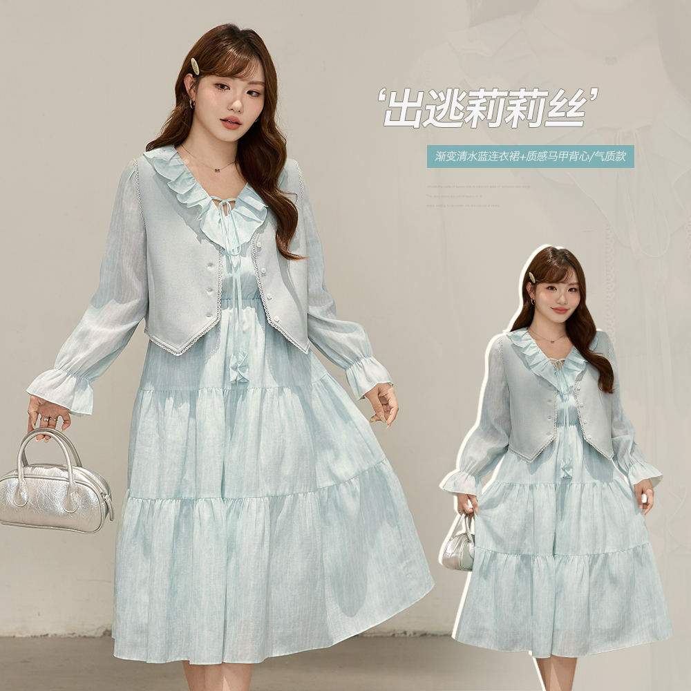 小波家2025秋季胖mm显瘦气质V领荷叶边收腰复古连衣裙