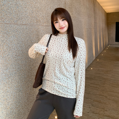 【清仓】小波家2025秋季胖mm韩系半高领显瘦磨毛打底衫碎花上衣