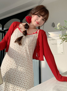 小波家2026春季胖mm韩系镂空木耳边红色针织开衫外套