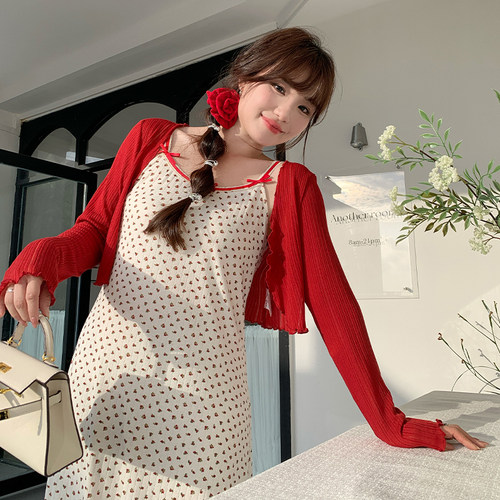 小波家2026春季胖mm韩系镂空木耳边红色针织开衫外套