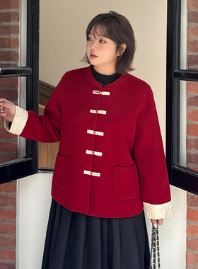 小波家2025冬季胖m新中式新年红色订婚双面呢大衣外套