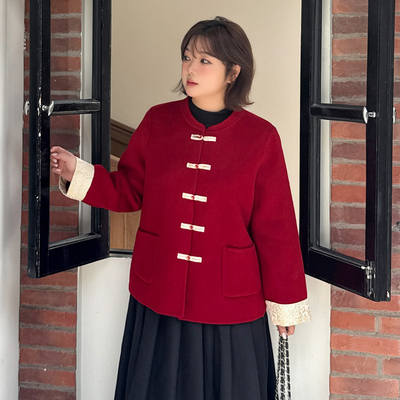 12.23日新品小波家2025冬季胖m新中式新年红色订婚双面呢大衣外套