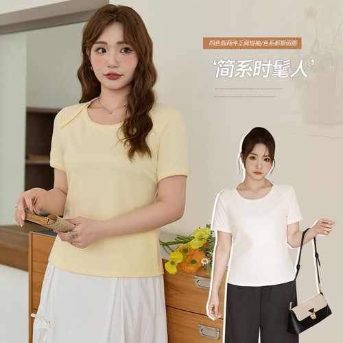 小波家2026夏季胖mm韩版正肩假两件花边简约圆领短袖T恤
