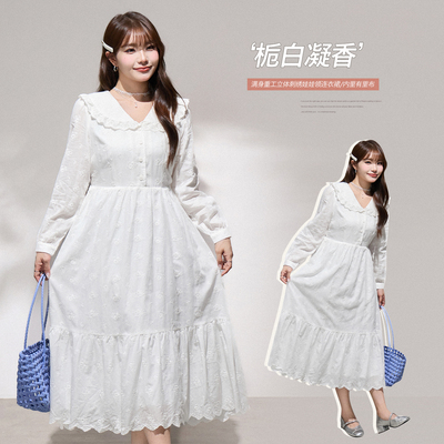 小波家2026春季胖mm韩系娃娃领提花A字高腰遮肉连衣裙