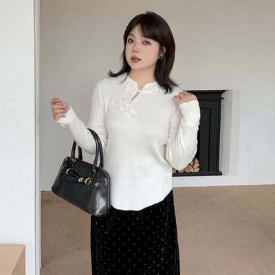 小波家2025冬季胖mm修身打底衫国风盘扣针织衫