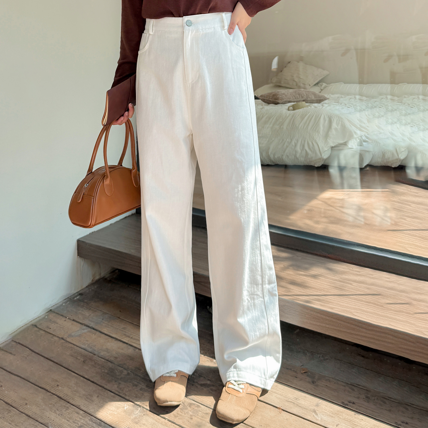 小波家2025秋季胖mm高腰直筒牛仔裤休闲窄版阔腿裤