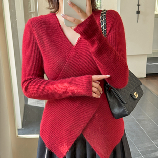 小波家2026春季 打底衫 胖mm法式 修身 交叉V领毛衣红色年款 1.4日新品