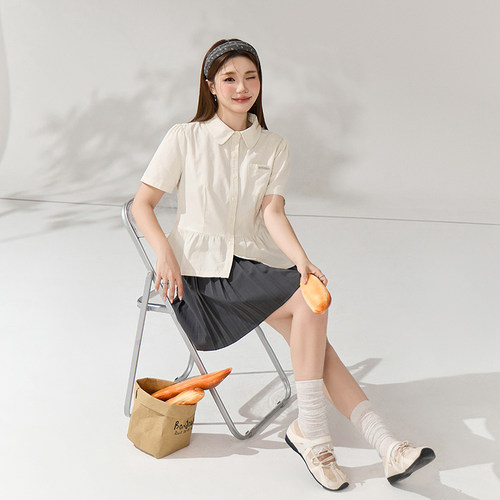 大码女装甜美刺绣短袖衬衫