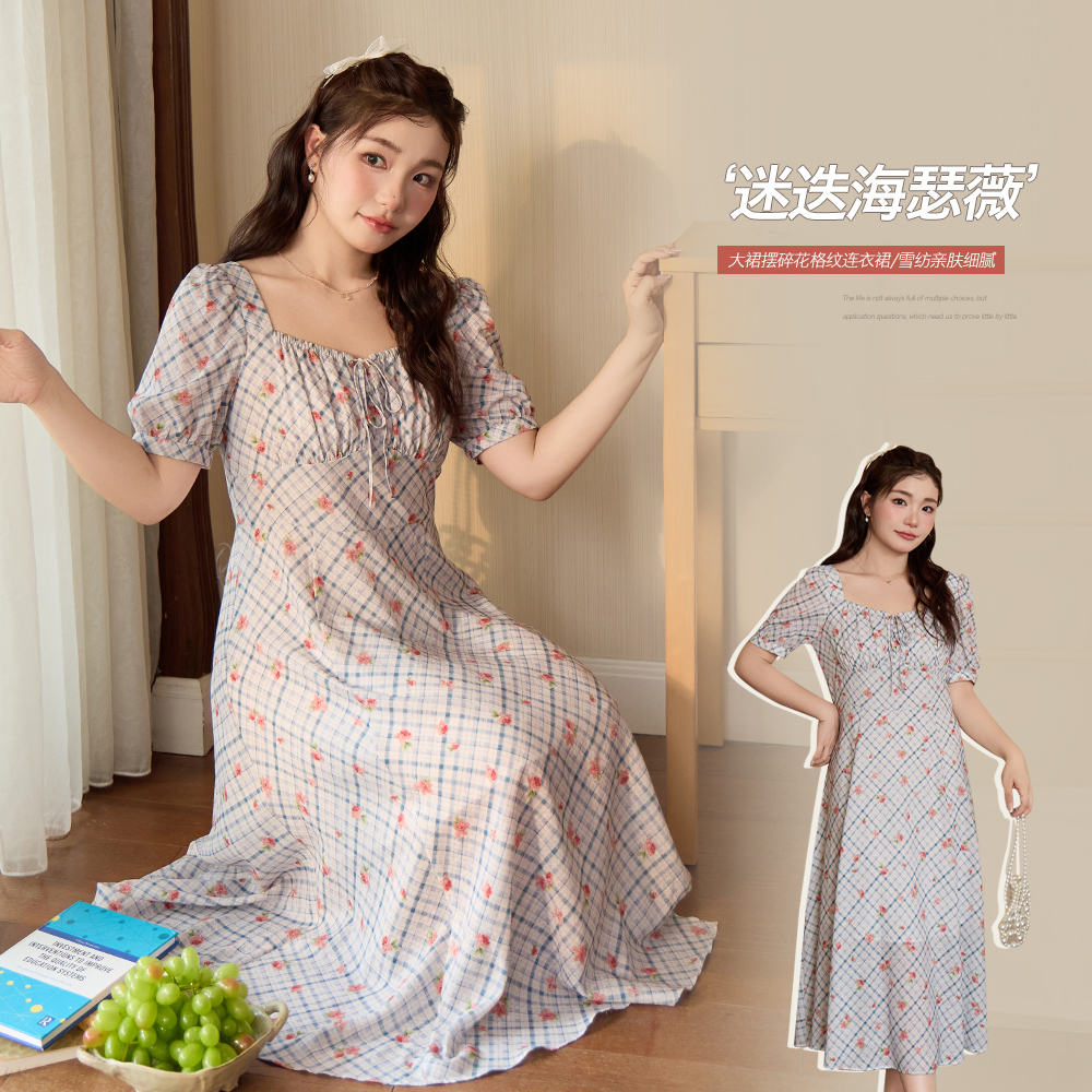 【清仓】小波家2025夏季胖mm韩系气质高腰显瘦碎花格纹连衣裙